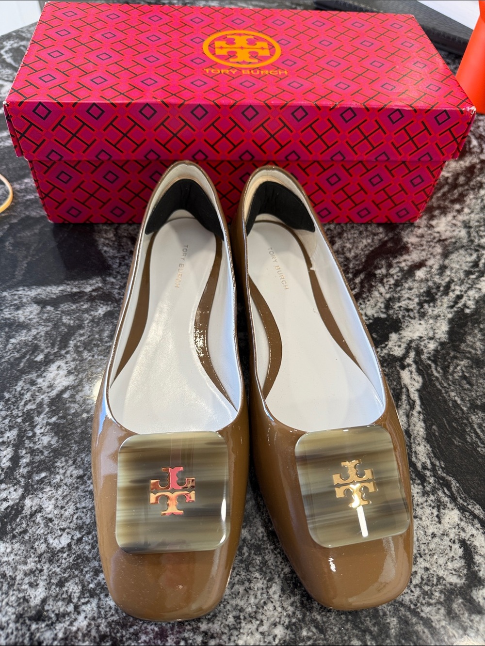 Tory Burch Brown Patent Leather Square-Toe Ballet Flats with Logo Plaque
